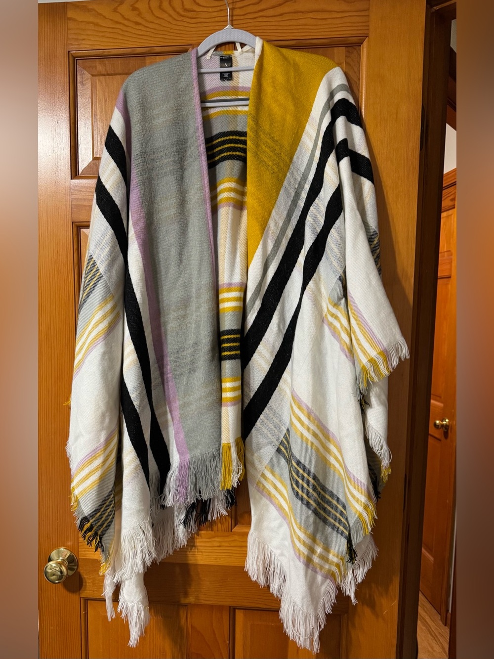 Mixit Striped Fringe Poncho in White, Yellow, Gray, Black, Lavender